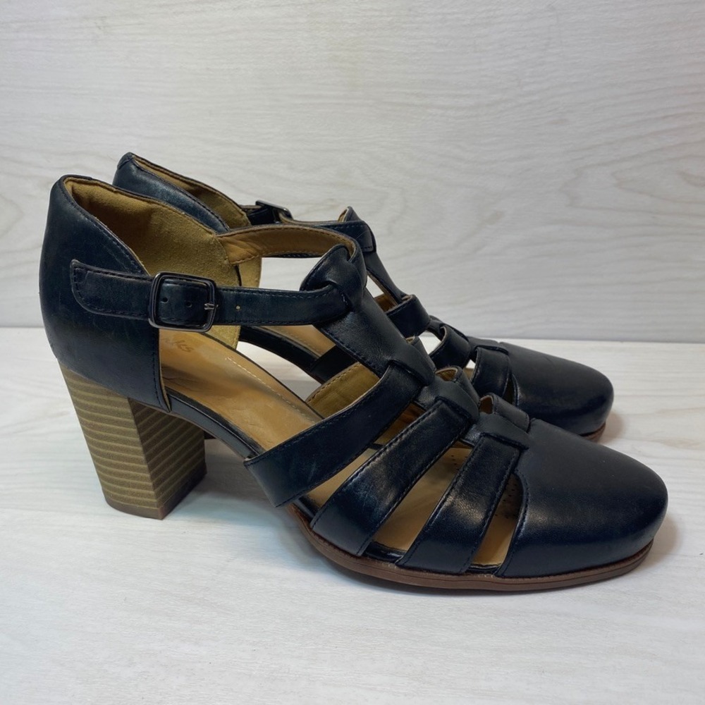 Clarks Womens 8 Artisan Caged T-Strap Sandals Black Leather Block Heel Pumps